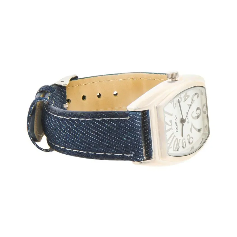 NEW Geneva Navy Denim Strap Silver Tone Quartz Watch